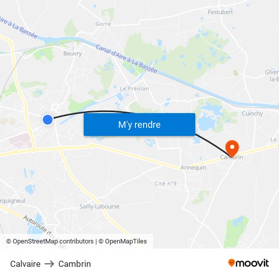 Calvaire to Cambrin map