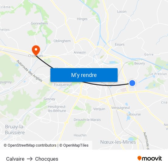 Calvaire to Chocques map