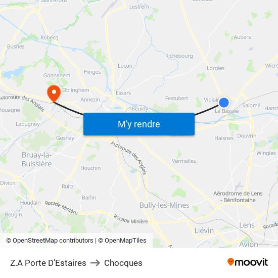 Z.A Porte D'Estaires to Chocques map