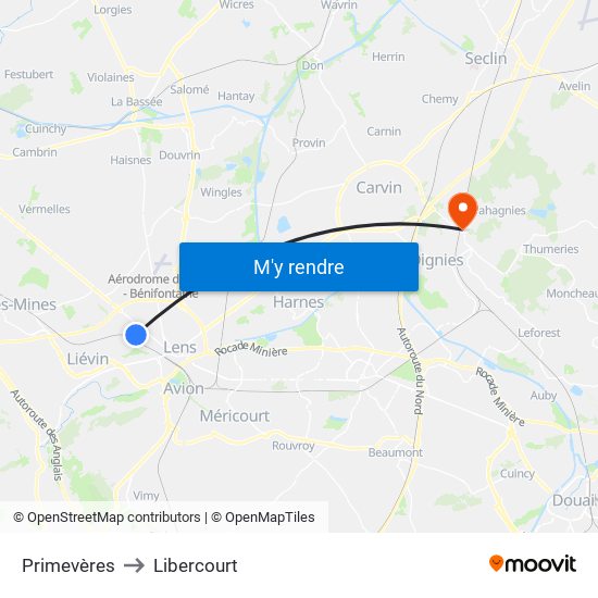 Primevères to Libercourt map