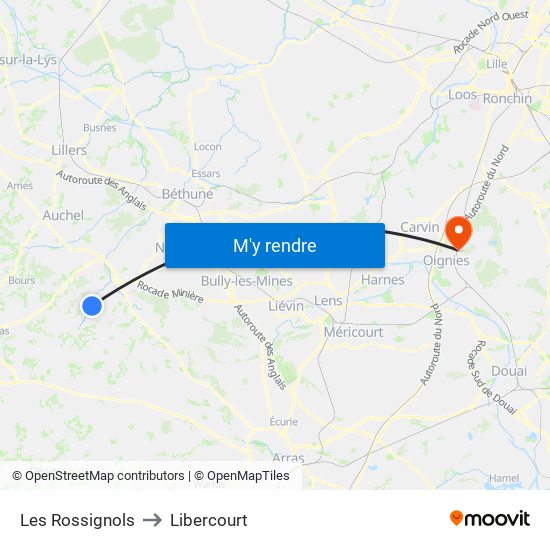 Les Rossignols to Libercourt map