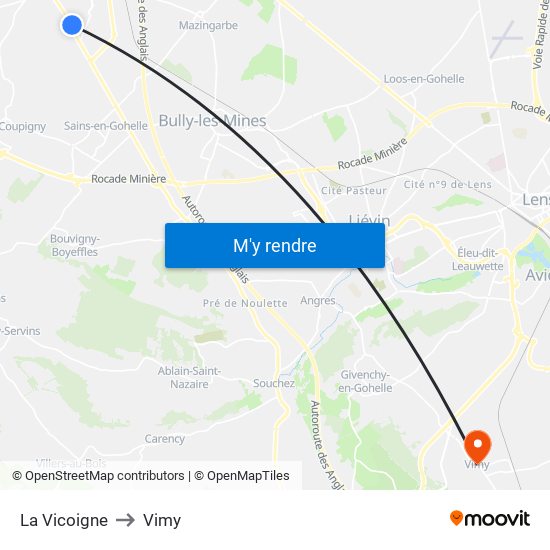 La Vicoigne to Vimy map