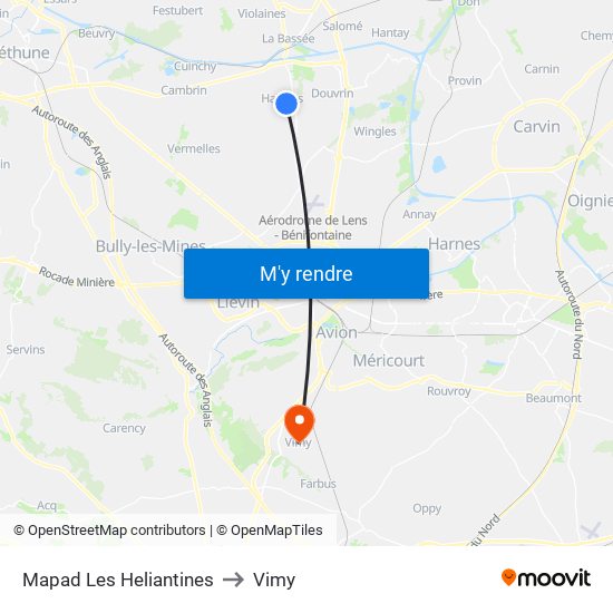 Mapad Les Heliantines to Vimy map
