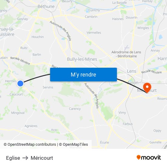 Eglise to Méricourt map