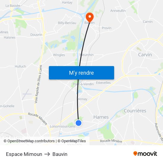 Espace Mimoun to Bauvin map
