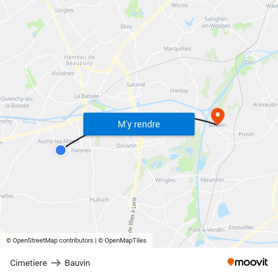 Cimetiere to Bauvin map