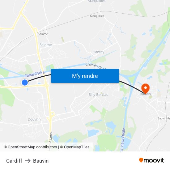 Cardiff to Bauvin map