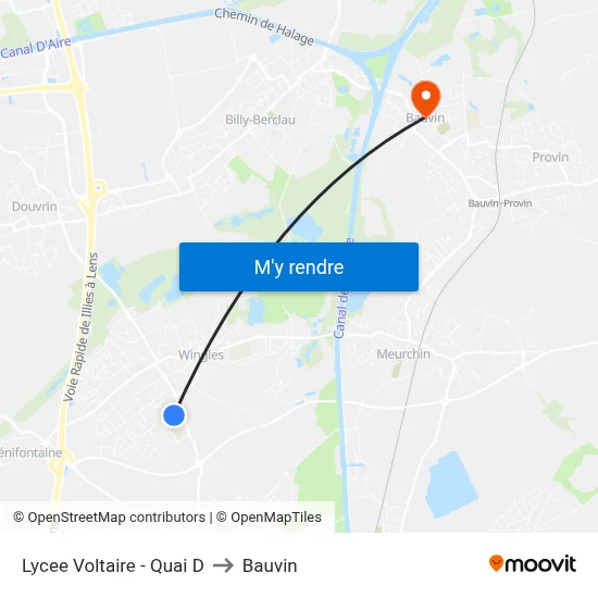 Lycee Voltaire - Quai D to Bauvin map