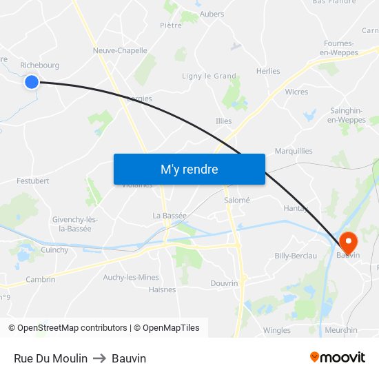 Rue Du Moulin to Bauvin map