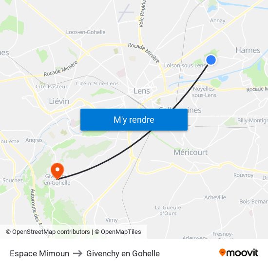 Espace Mimoun to Givenchy en Gohelle map