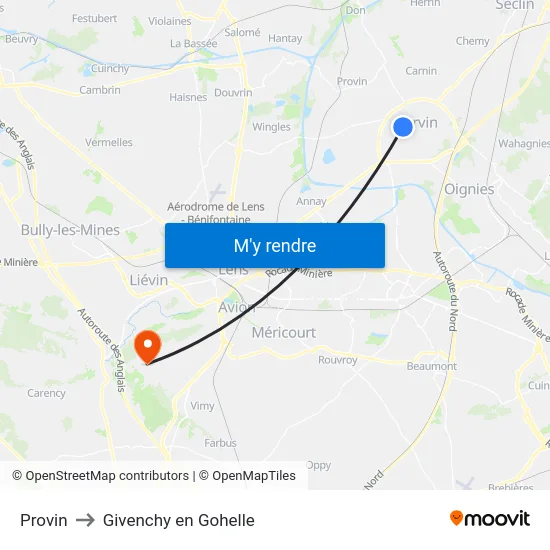 Provin to Givenchy en Gohelle map