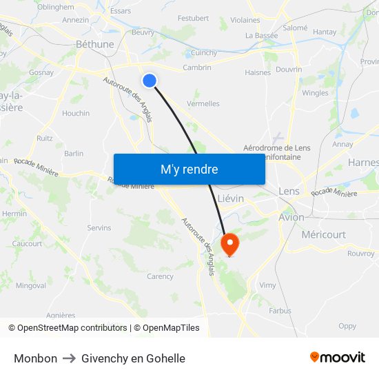Monbon to Givenchy en Gohelle map