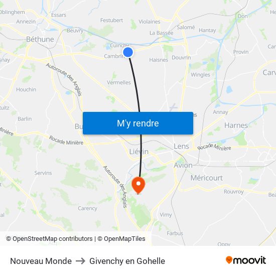 Nouveau Monde to Givenchy en Gohelle map