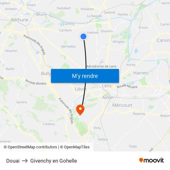 Douai to Givenchy en Gohelle map