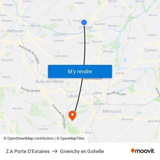 Z.A Porte D'Estaires to Givenchy en Gohelle map