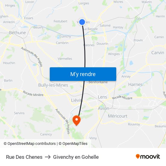 Rue Des Chenes to Givenchy en Gohelle map