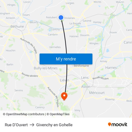 Rue D'Ouvert to Givenchy en Gohelle map