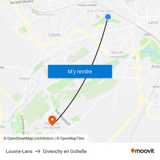 Louvre-Lens to Givenchy en Gohelle map