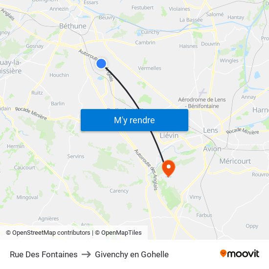 Rue Des Fontaines to Givenchy en Gohelle map