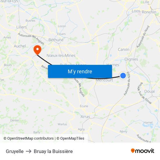 Gruyelle to Bruay la Buissière map