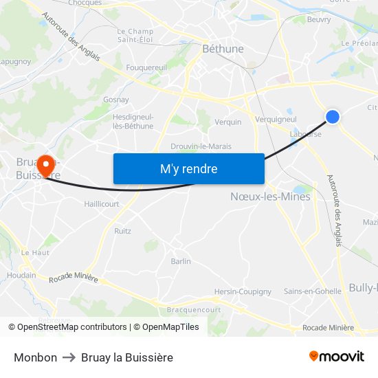 Monbon to Bruay la Buissière map