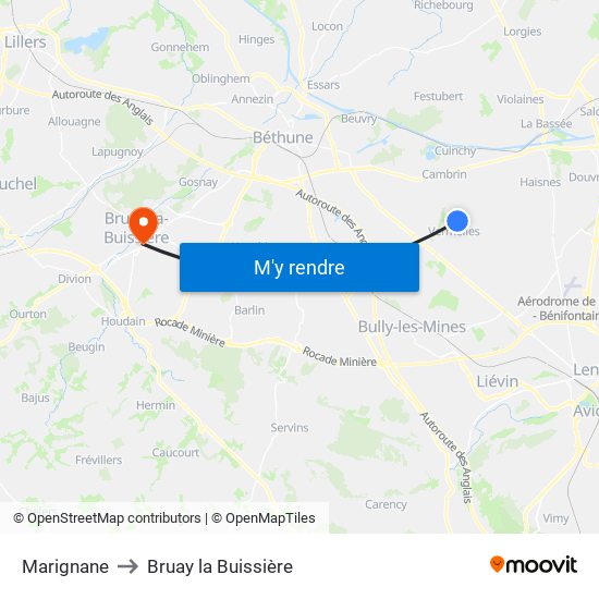 Marignane to Bruay la Buissière map