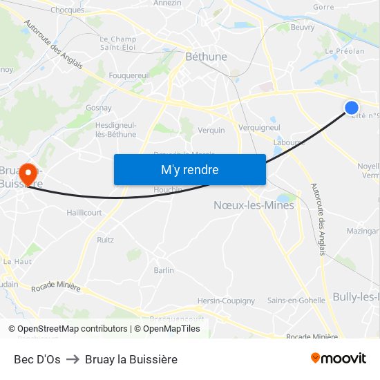Bec D'Os to Bruay la Buissière map