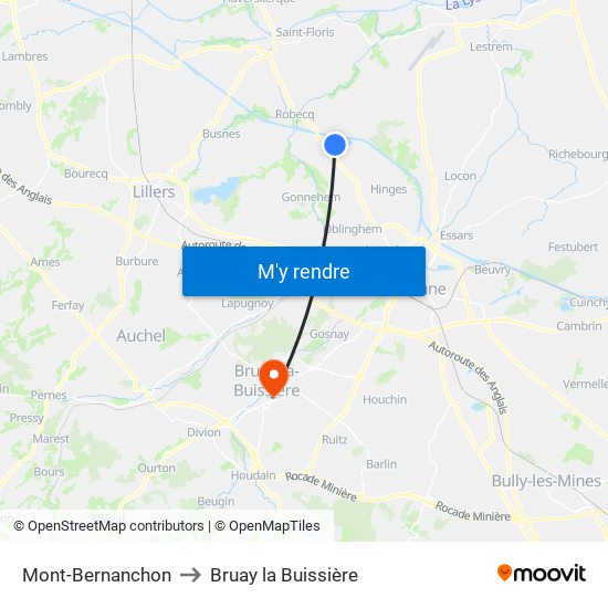 Mont-Bernanchon to Bruay la Buissière map