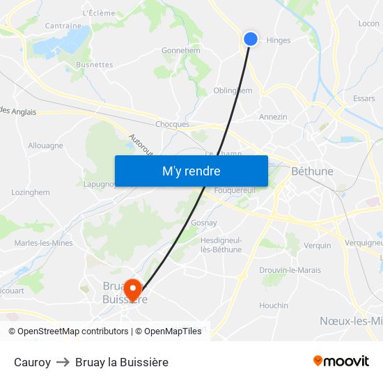 Cauroy to Bruay la Buissière map