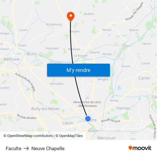 Faculte to Neuve Chapelle map