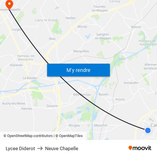 Lycee Diderot to Neuve Chapelle map