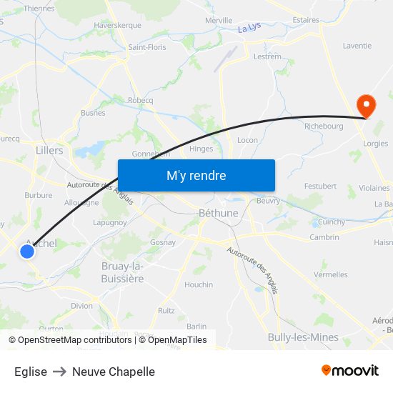 Eglise to Neuve Chapelle map