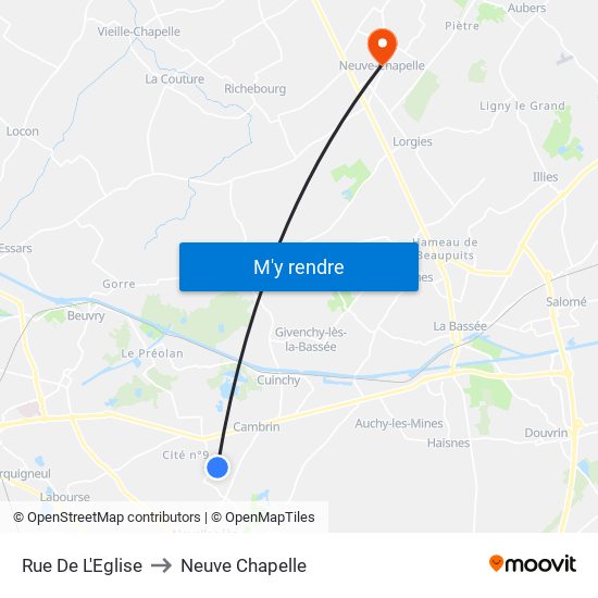 Rue De L'Eglise to Neuve Chapelle map