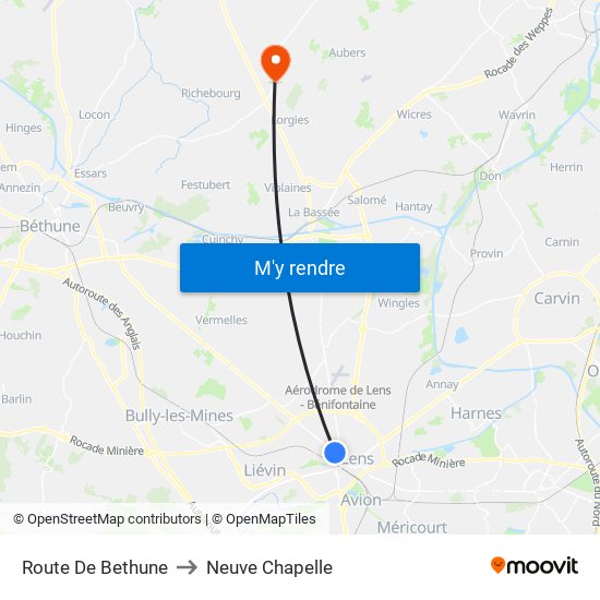 Route De Bethune to Neuve Chapelle map