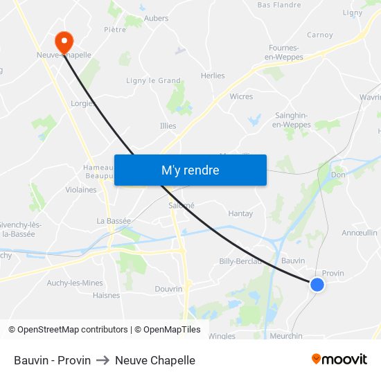 Bauvin - Provin to Neuve Chapelle map