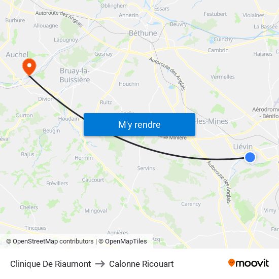 Clinique De Riaumont to Calonne Ricouart map