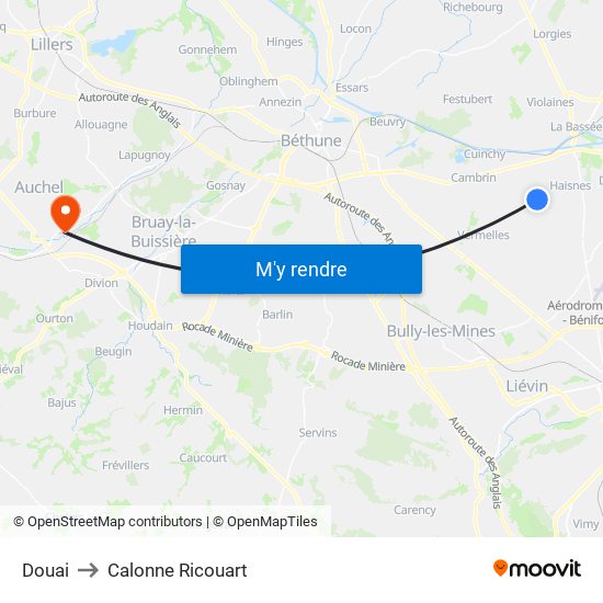 Douai to Calonne Ricouart map