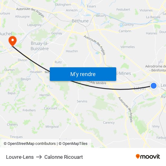 Louvre-Lens to Calonne Ricouart map