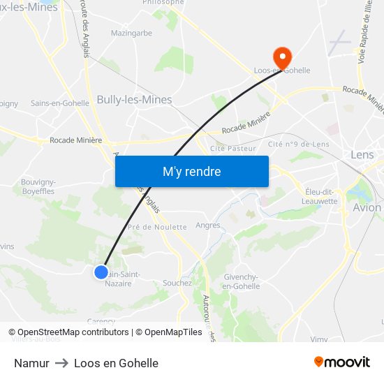 Namur to Loos en Gohelle map