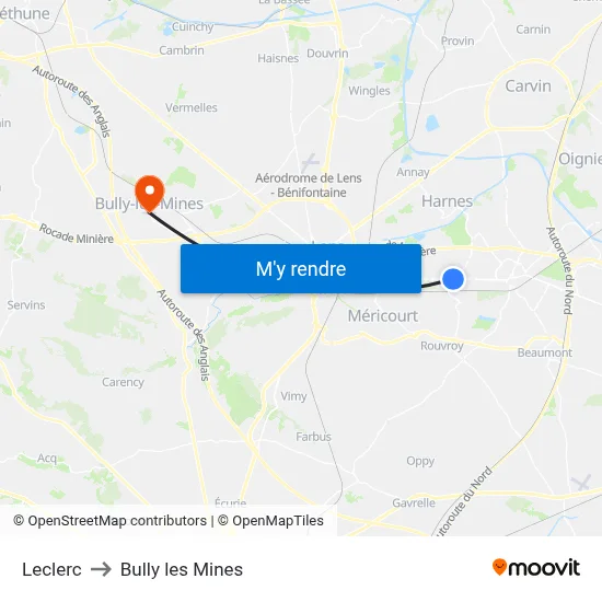 Leclerc to Bully les Mines map