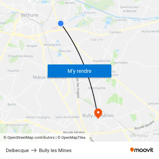Delbecque to Bully les Mines map
