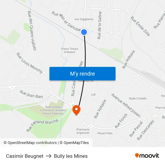 Casimir Beugnet to Bully les Mines map