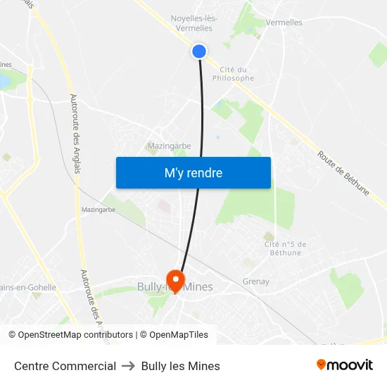 Centre Commercial to Bully les Mines map