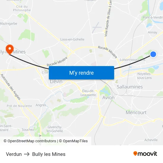 Verdun to Bully les Mines map