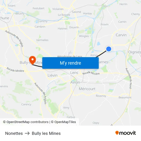 Nonettes to Bully les Mines map