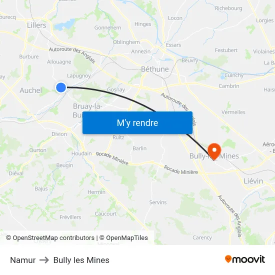 Namur to Bully les Mines map