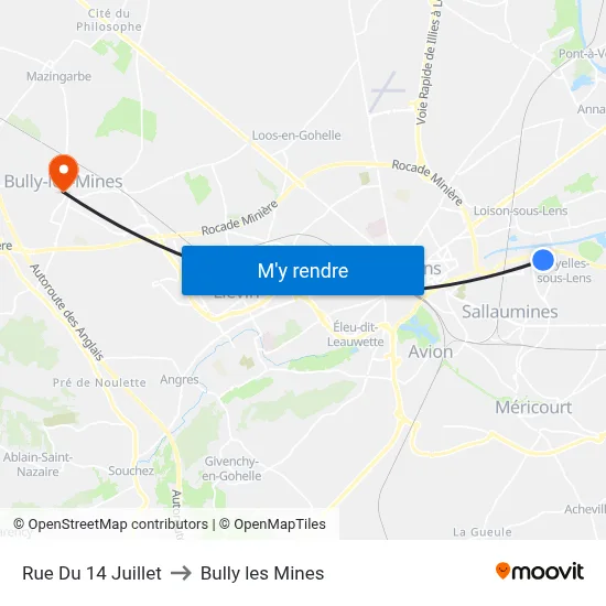 Rue Du 14 Juillet to Bully les Mines map
