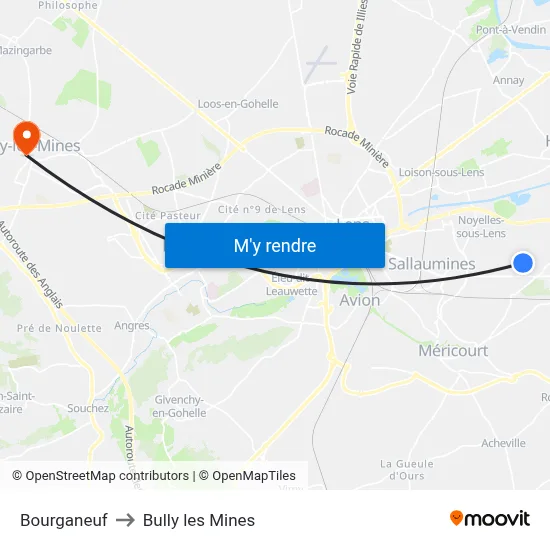Bourganeuf to Bully les Mines map