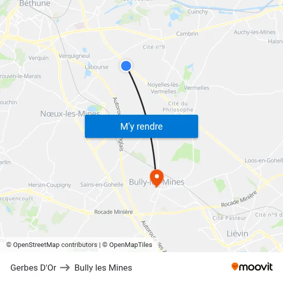 Gerbes D'Or to Bully les Mines map