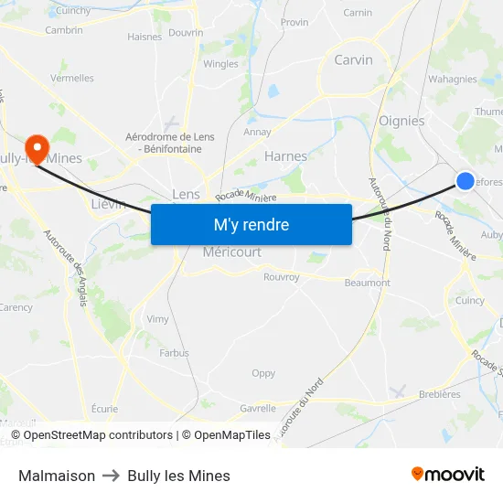 Malmaison to Bully les Mines map